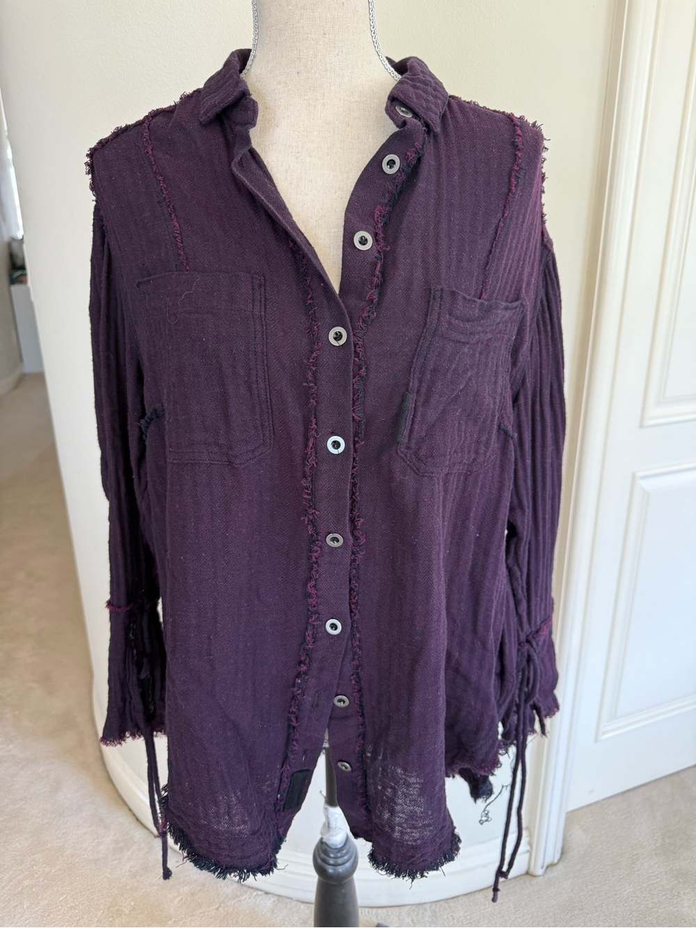 Free People Deep Purple Distressed Button-Down Shirt Jacket